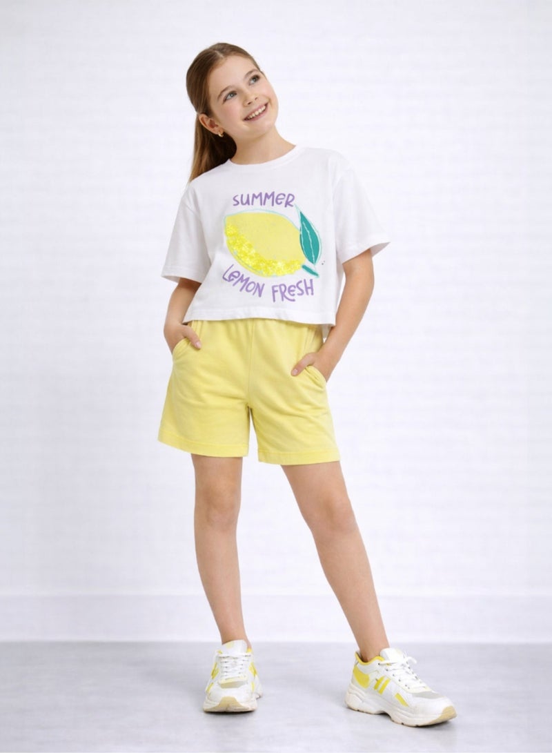victor and jane Girls 2 Pc Set Lemon Print Sequin Top & Shorts Set – White & Yellow - Image 1